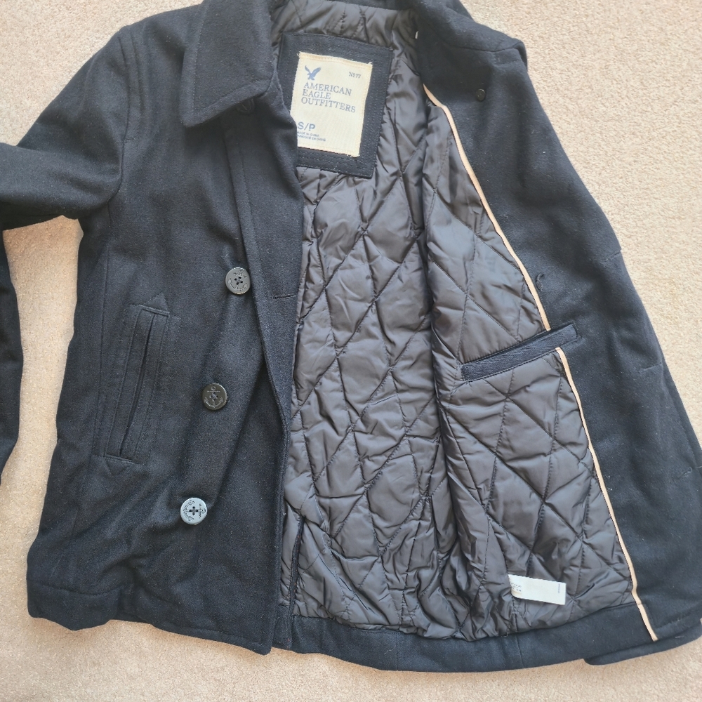 American Eagle Men S 58% Wool Lined Quilted Navy Blue Ancho PeaCoat Jacket